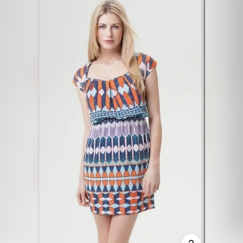 JESSICA SIMPSON Womans Blue Orange Geo Print Pencil Dress Size 6